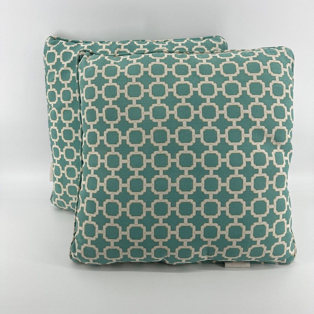 Pillow Perfect Teal Cream Geometric Fretwork 19in Square Throw Pillows Set of 2